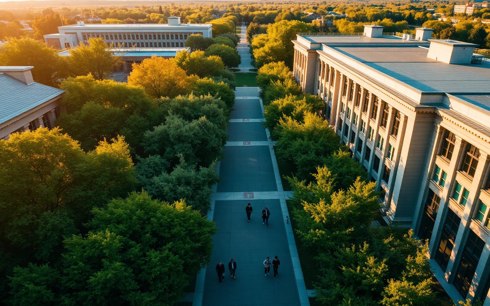 University campus at golden hour